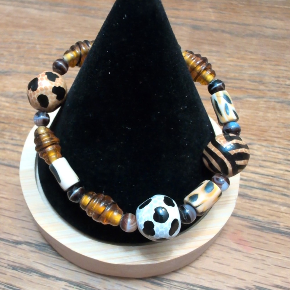 Artisan Animal Print Mixed Media Bead Toggle Bracelet Leopard Zebra Amber Tan